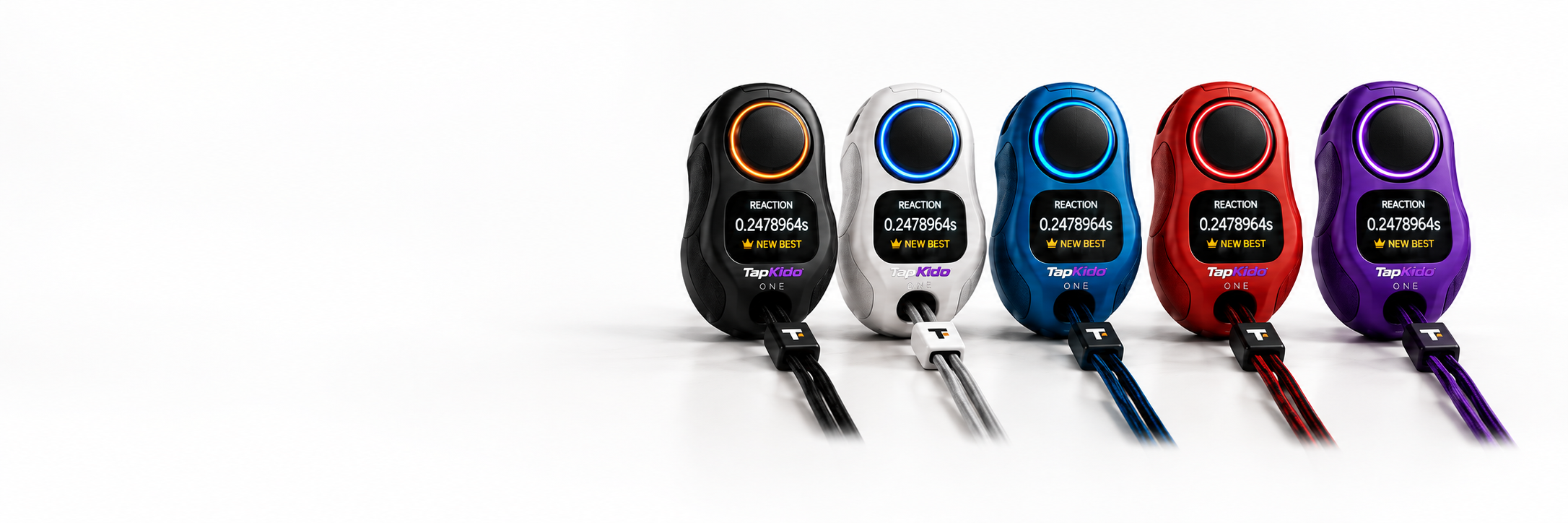 TapKido reaction timer concepts in black, white, blue, red, and purple